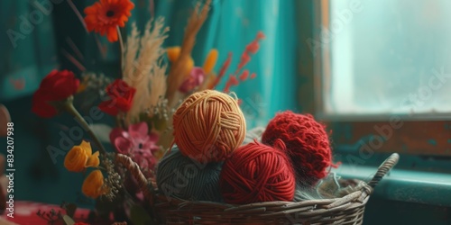 A cozy scene with a basket filled with yarn sitting next to an open window, perfect for crafts or home decor © vefimov