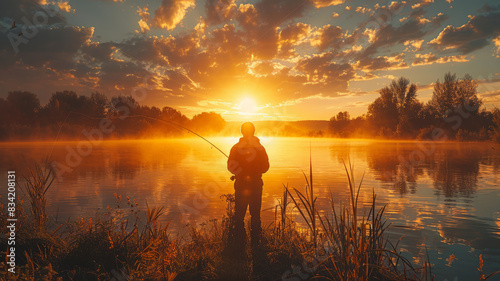A man is fishing in a lake at sunset,generative ai photo