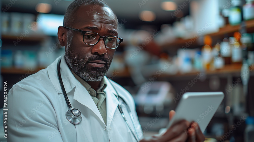 A doctor in a white lab coat is looking at a tablet computer,generative ai A doctor in a white lab coat is looking at a tablet computer,generative ai