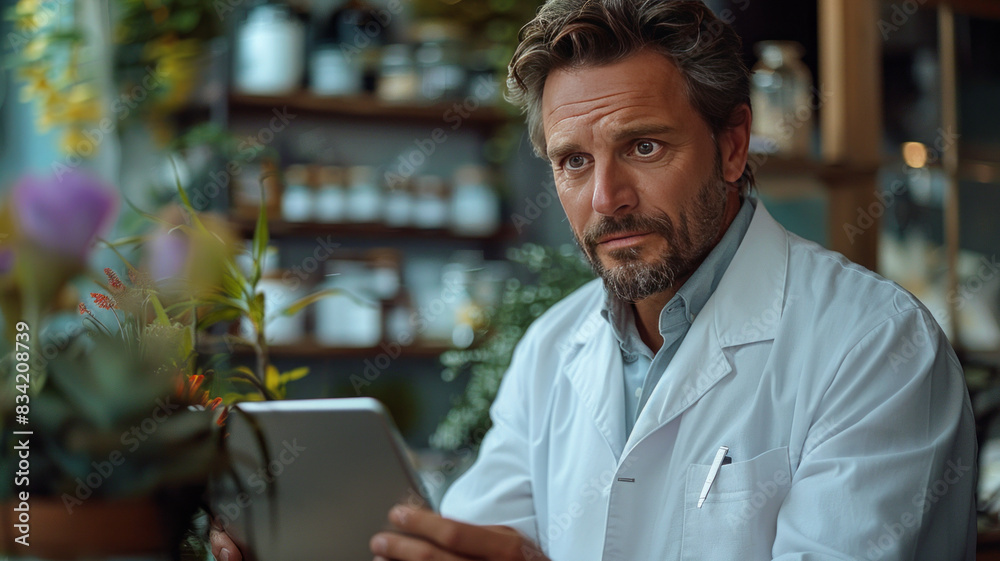 A doctor in a white lab coat is looking at a tablet computer,generative ai A doctor in a white lab coat is looking at a tablet computer,generative ai