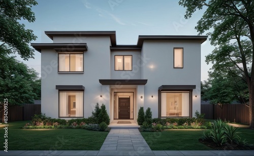 A Contemporary Dwelling with Stylish Architecture, Beautiful Exterior Design, and a Serene Garden Setting. Perfect Family Home in a Residential Neighborhood, Featuring Thoughtful Construction 