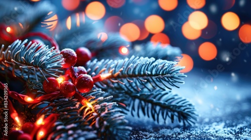 A close-up view of a decorated Christmas tree with lights shining in the background