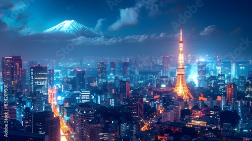 Tokyo skyline panoramic view, night scenic of modern city buildings cityscape tokyo tower Mount Fuji background, luxury urban architecture landscape in japan, commercial editorial travel advertisement