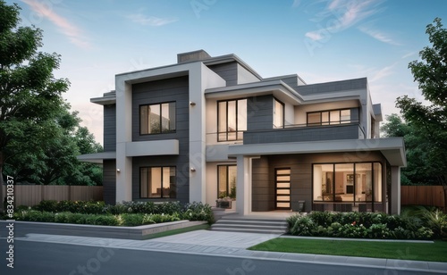 A Contemporary Dwelling with Stylish Architecture, Beautiful Exterior Design, and a Serene Garden Setting. Perfect Family Home in a Residential Neighborhood, Featuring Thoughtful Construction 