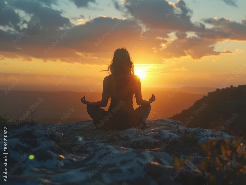 Meditation scene on top of a mountain, ideal for spiritual or wellness-related content Meditation scene on top of a mountain, ideal for spiritual or wellness-related content