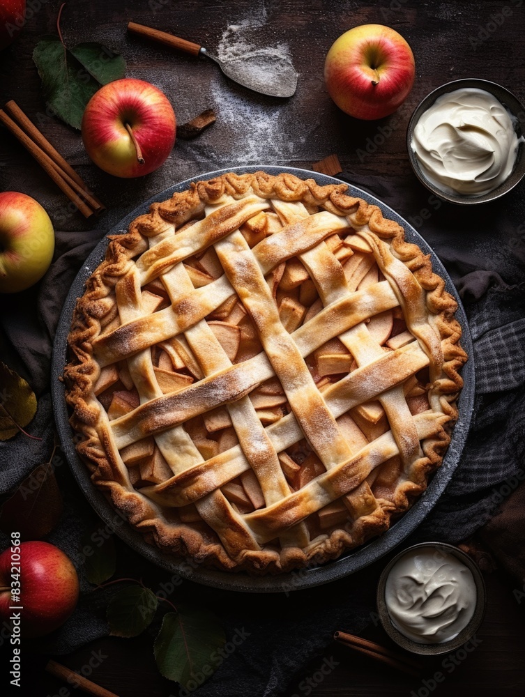 A pie sits on a table next to some apples, making for a simple and inviting still life A pie sits on a table next to some apples, making for a simple and inviting still life