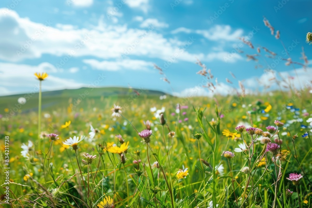 Field of colorful wildflowers with a bright blue sky in the background, ideal for nature and travel uses Field of colorful wildflowers with a bright blue sky in the background, ideal for nature and travel uses