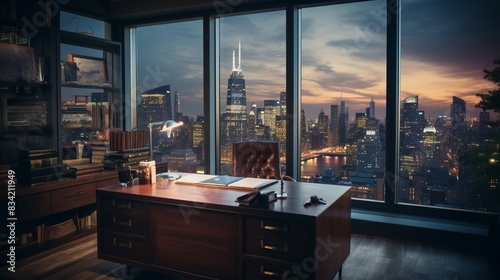 A quiet corner office with a large wooden desk, personal touches, and a window view of the city skyline, exuding professionalism and focus.  photo