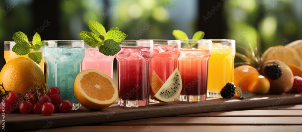 Fototapeta premium wooden table with glasses of different juices and fresh fruits on a white background