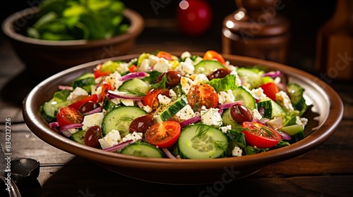 A refreshing Greek salad with crisp lettuce  juicy tomatoes  cucumbers  olives  and feta cheese 