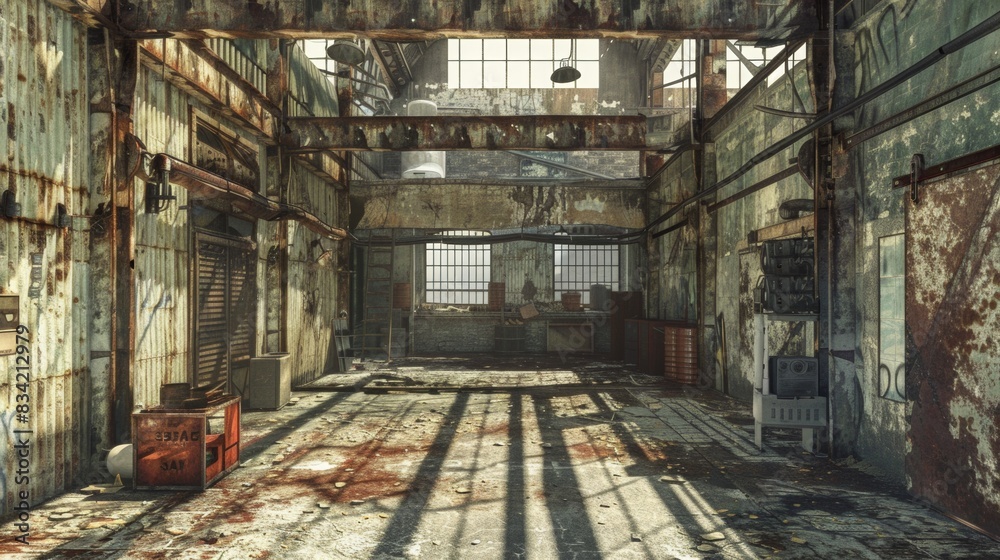 Capture a weathered, industrial warehouse from an eye-level angle using a grunge effect in digital rendering Capture a weathered, industrial warehouse from an eye-level angle using a grunge effect in digital rendering