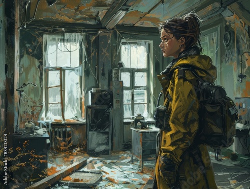 Post-apocalyptic medic Standing in a Desolate, Abandoned Room With a Backpack