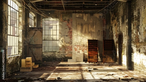Capture a weathered, industrial warehouse from an eye-level angle using a grunge effect in digital rendering