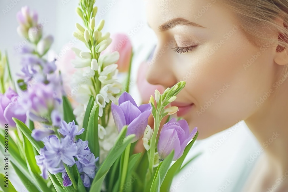 A woman smelling a bouquet of purple and white flowers, possibly at a garden or floral shop A woman smelling a bouquet of purple and white flowers, possibly at a garden or floral shop