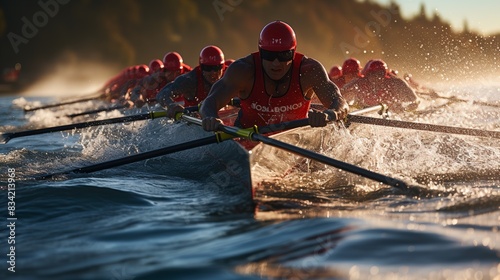 A rower powering through the water in a crew race, with synchronized strokes and determination visible on their faces, captured mid-row.   photo