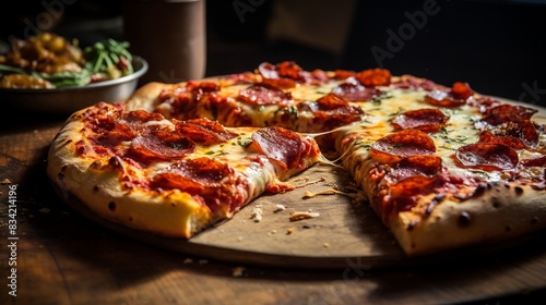 A rustic homemade pizza fresh out of the oven  topped with melted cheese and pepperoni slices  