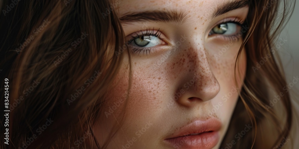 Close-up portrait of a woman with distinctive freckles on her face Close-up portrait of a woman with distinctive freckles on her face