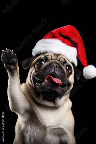 A playful pug wearing a Santa hat, smiling with a funny expression