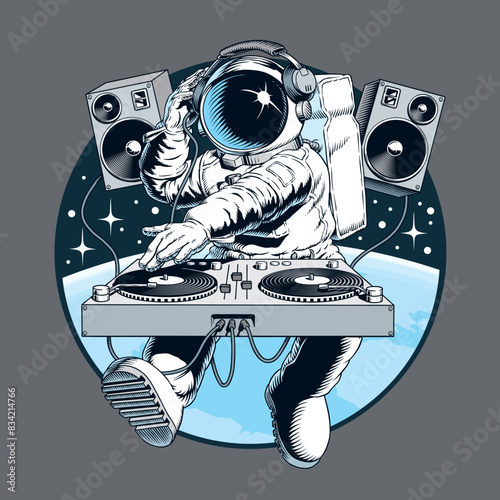 Astronaut dj with turntable in the outer space. Cosmos disco party comic style vector illustration. photo
