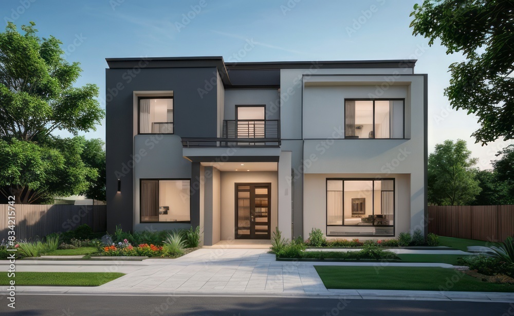 Fototapeta premium A Contemporary Dwelling with Stylish Architecture, Beautiful Exterior Design, and a Serene Garden Setting. Perfect Family Home in a Residential Neighborhood, Featuring Thoughtful Construction 