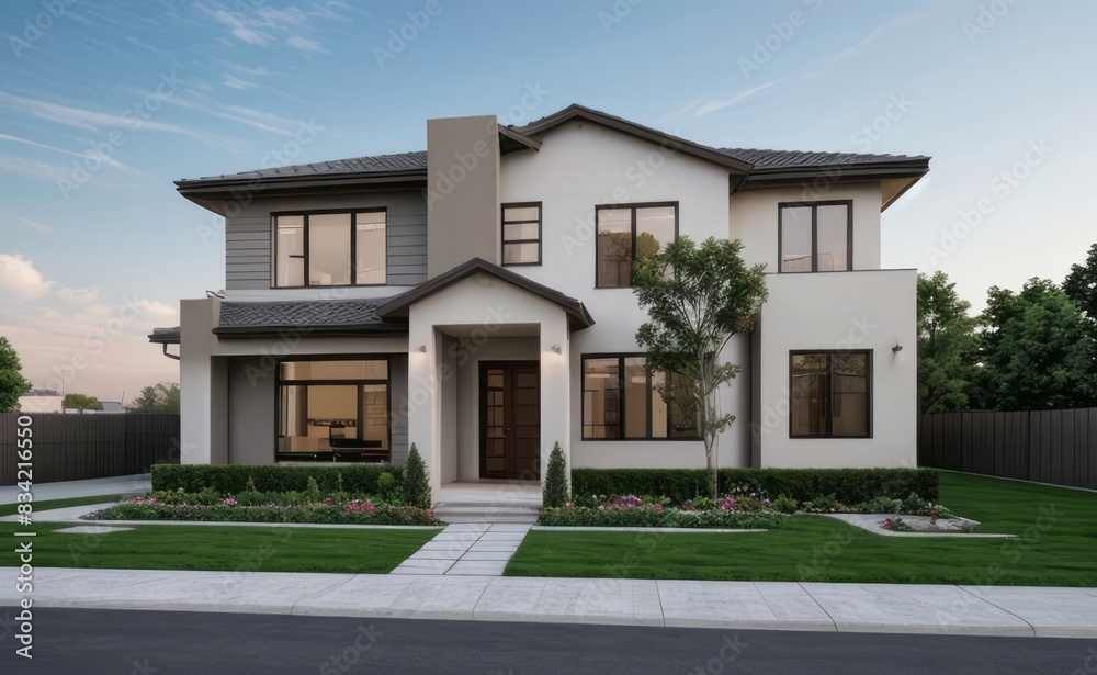 Fototapeta premium A Contemporary Dwelling with Stylish Architecture, Beautiful Exterior Design, and a Serene Garden Setting. Perfect Family Home in a Residential Neighborhood, Featuring Thoughtful Construction 