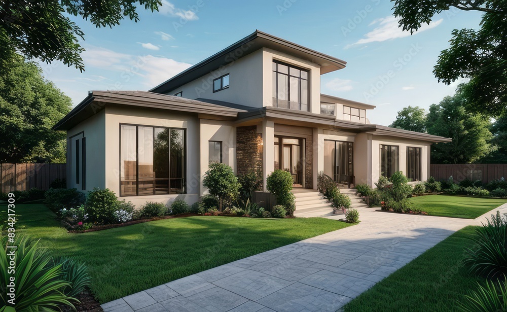 A Contemporary Dwelling with Stylish Architecture, Beautiful Exterior Design, and a Serene Garden Setting. Perfect Family Home in a Residential Neighborhood, Featuring Thoughtful Construction	