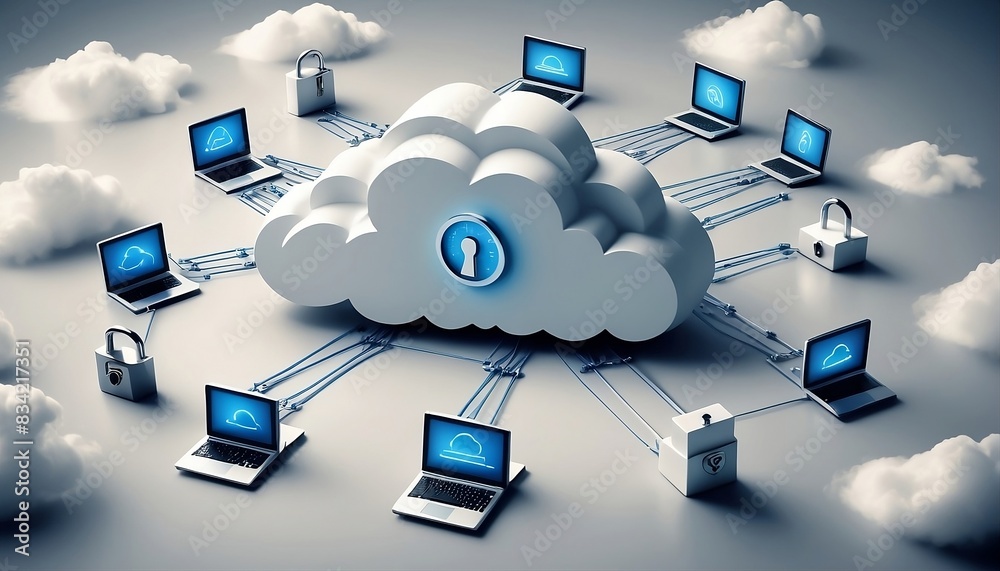 A cloud computing diagram with secure network connections and a central ...