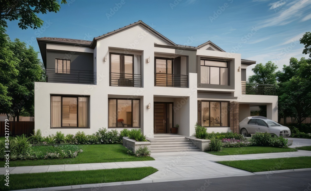 Fototapeta premium A Contemporary Dwelling with Stylish Architecture, Beautiful Exterior Design, and a Serene Garden Setting. Perfect Family Home in a Residential Neighborhood, Featuring Thoughtful Construction 