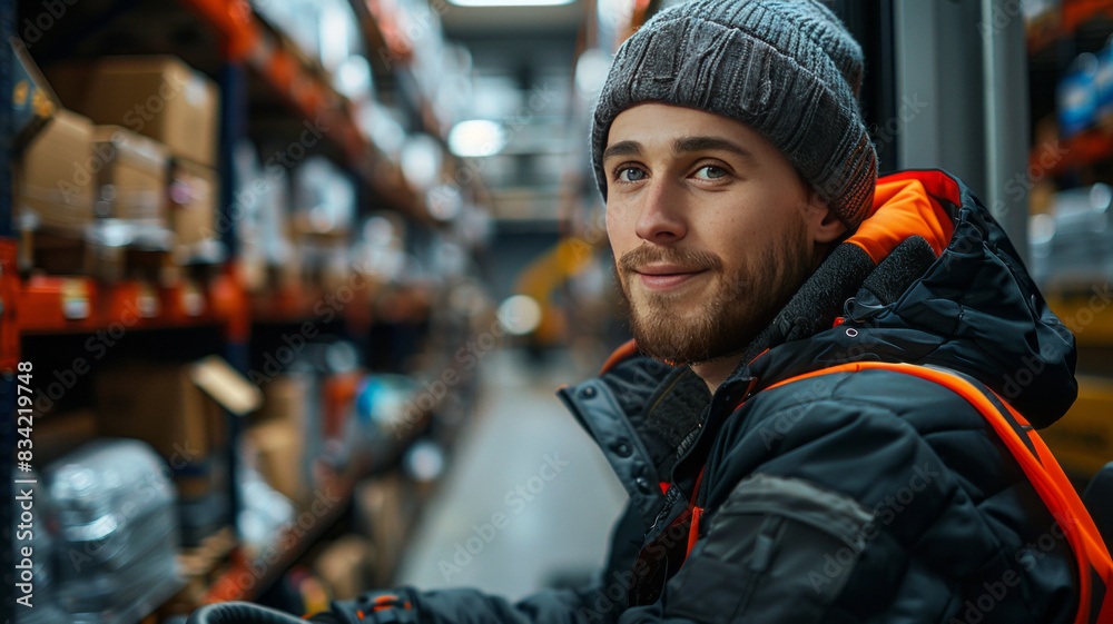 A friendly forklift operator in a well-lit, busy warehouse, emphasizing safety and efficiency.generative ai A friendly forklift operator in a well-lit, busy warehouse, emphasizing safety and efficiency.generative ai