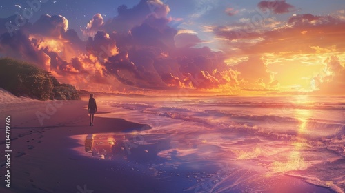 A person taking a leisurely stroll along a sandy beach at sunset, with the sky ablaze with colors and the waves gently washing ashore.,photorealistic,high detail,realistic photo