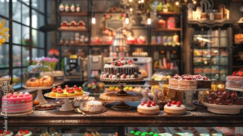 A person savoring a delicious piece of cake in a quaint bakery, with a colorful array of pastries and sweets on display.,photorealistic,high detail,realistic