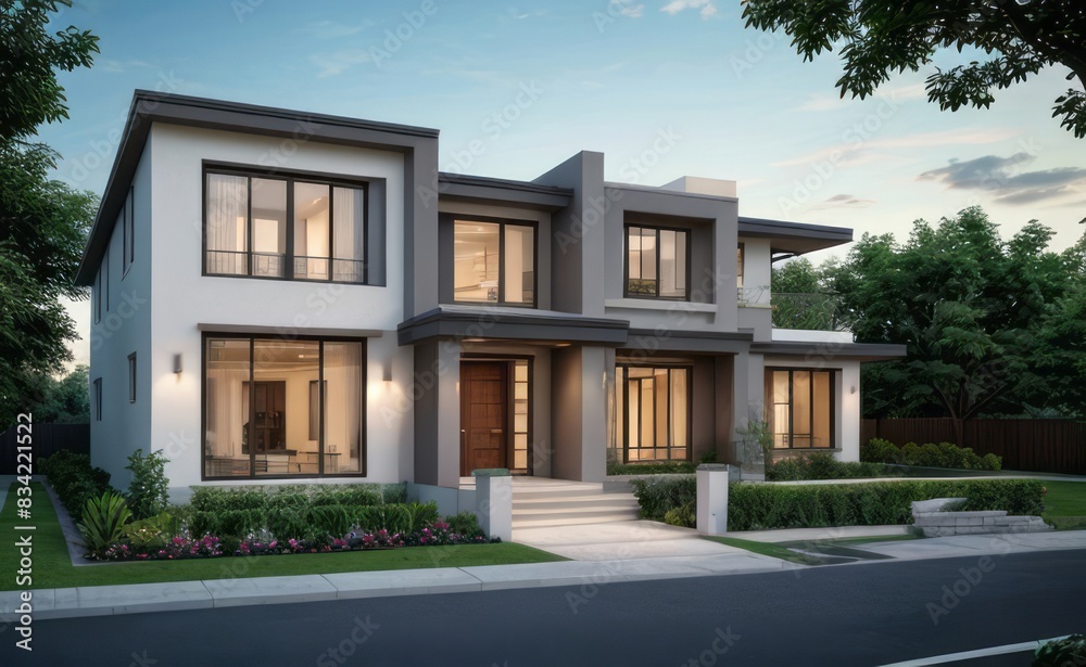 A Contemporary Dwelling with Stylish Architecture, Beautiful Exterior Design, and a Serene Garden Setting. Perfect Family Home in a Residential Neighborhood, Featuring Thoughtful Construction A Contemporary Dwelling with Stylish Architecture, Beautiful Exterior Design, and a Serene Garden Setting. Perfect Family Home in a Residential Neighborhood, Featuring Thoughtful Construction