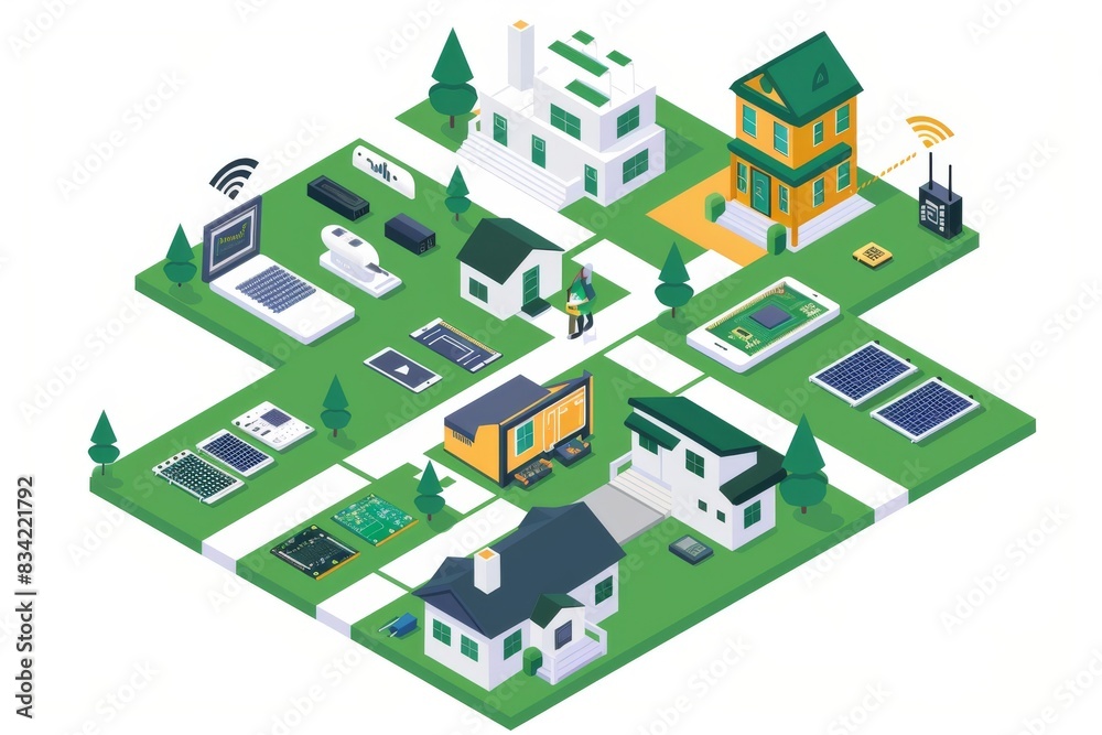 Smart city planning with digital infrastructure and green technology integration, showcased in an urban environment. Smart city planning with digital infrastructure and green technology integration, showcased in an urban environment.