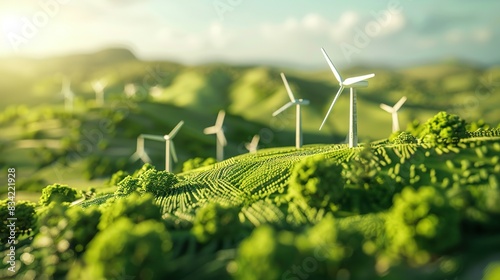 Wind generators. Miniature wind turbines Farm Whispers in the Breeze, Encapsulating the Essence of Renewable Energy and Sustainable Living photo