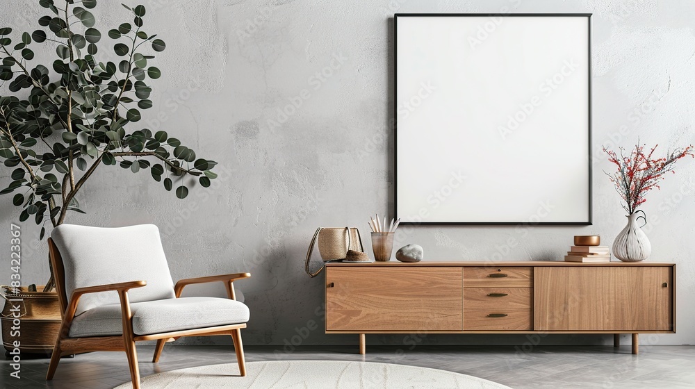 Modern living room interior composition with mock up poster frame, frotte armchair. Generative Ai Modern living room interior composition with mock up poster frame, frotte armchair. Generative Ai