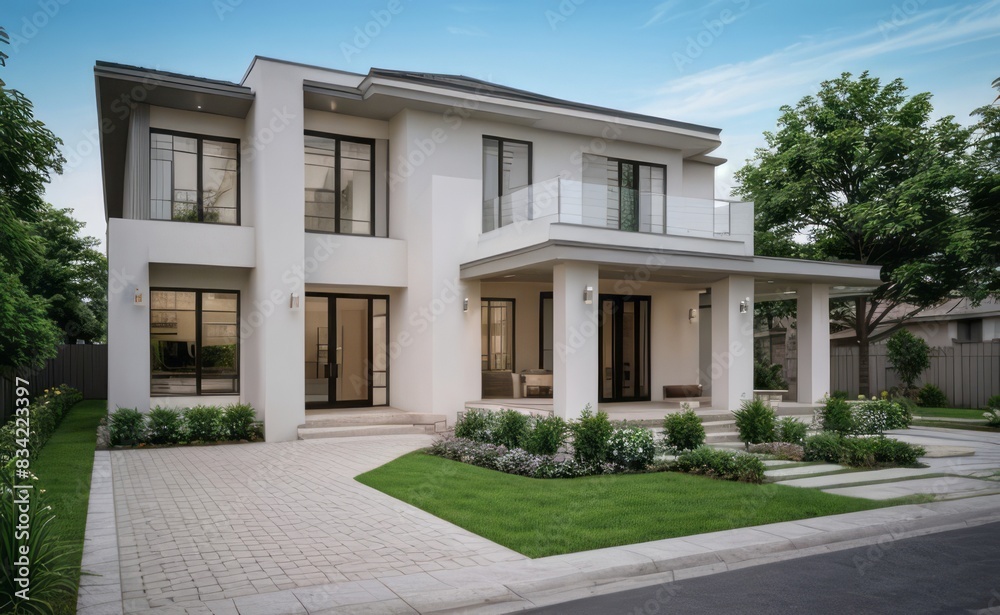 Fototapeta premium A Contemporary Dwelling with Stylish Architecture, Beautiful Exterior Design, and a Serene Garden Setting. Perfect Family Home in a Residential Neighborhood, Featuring Thoughtful Construction 