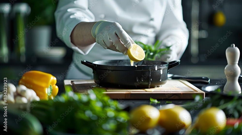 Chef preparing meal using fresh ingredients in the kitchen. Culinary arts concept showcasing professional cooking methods and style. AI Chef preparing meal using fresh ingredients in the kitchen. Culinary arts concept showcasing professional cooking methods and style. AI