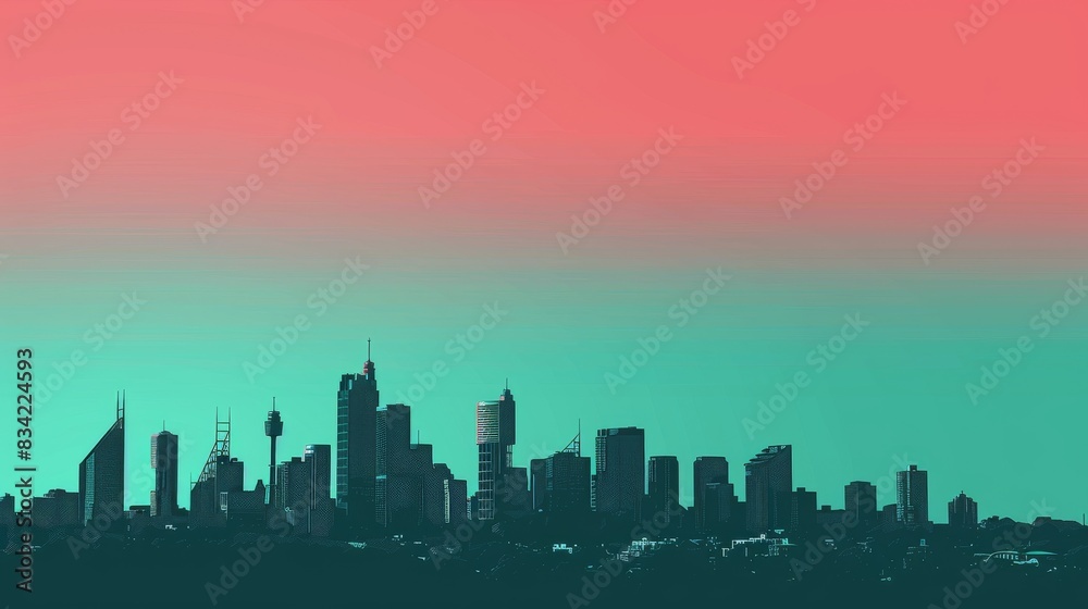 From top to bottom, the picture has a teal sky, red, and white gradient background