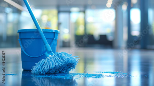 Blue bucket and mop for cleaning a floor in the style of a modern office or hotel interior, closeup with a blurred background, copy space concept