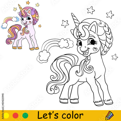 Kids coloring with cute unicorn and rainbow vector