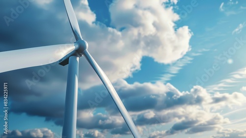 Eco-Friendly Energy Innovation: Close-up of Wind Turbine Blades with Blue Sky and Clouds Background