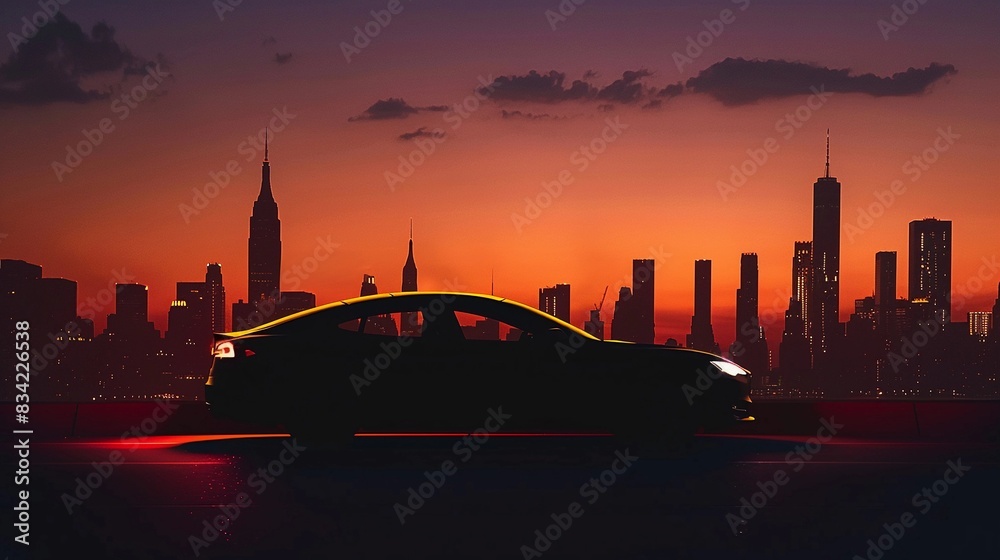 Obraz premium City Skyline Drive, silhouette of a car driving along a road with a city skyline in the background