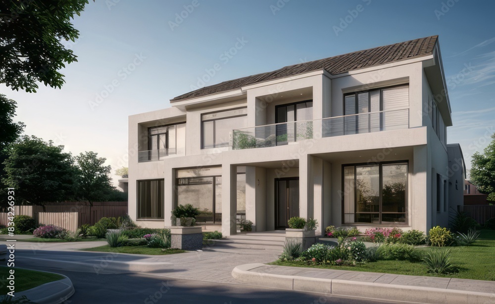 Fototapeta premium A Contemporary Dwelling with Stylish Architecture, Beautiful Exterior Design, and a Serene Garden Setting. Perfect Family Home in a Residential Neighborhood, Featuring Thoughtful Construction 