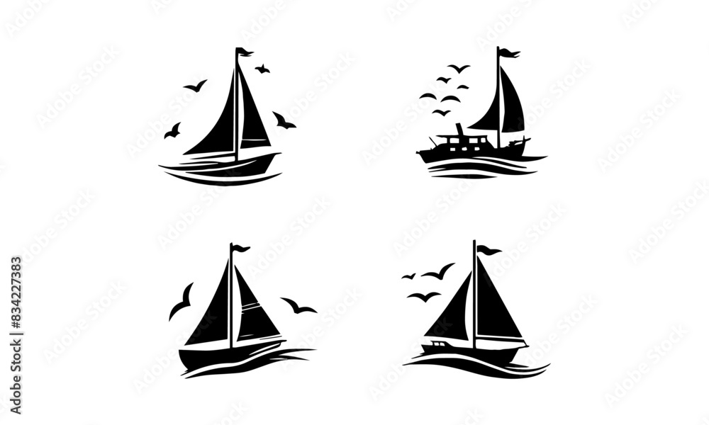 sail boat silhouette set icons in black and white