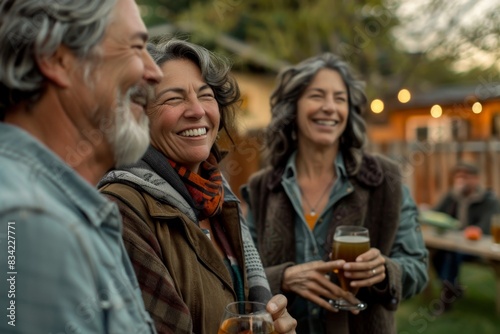 Group of happy senior friends drinking beer on a rooftop party in autumn