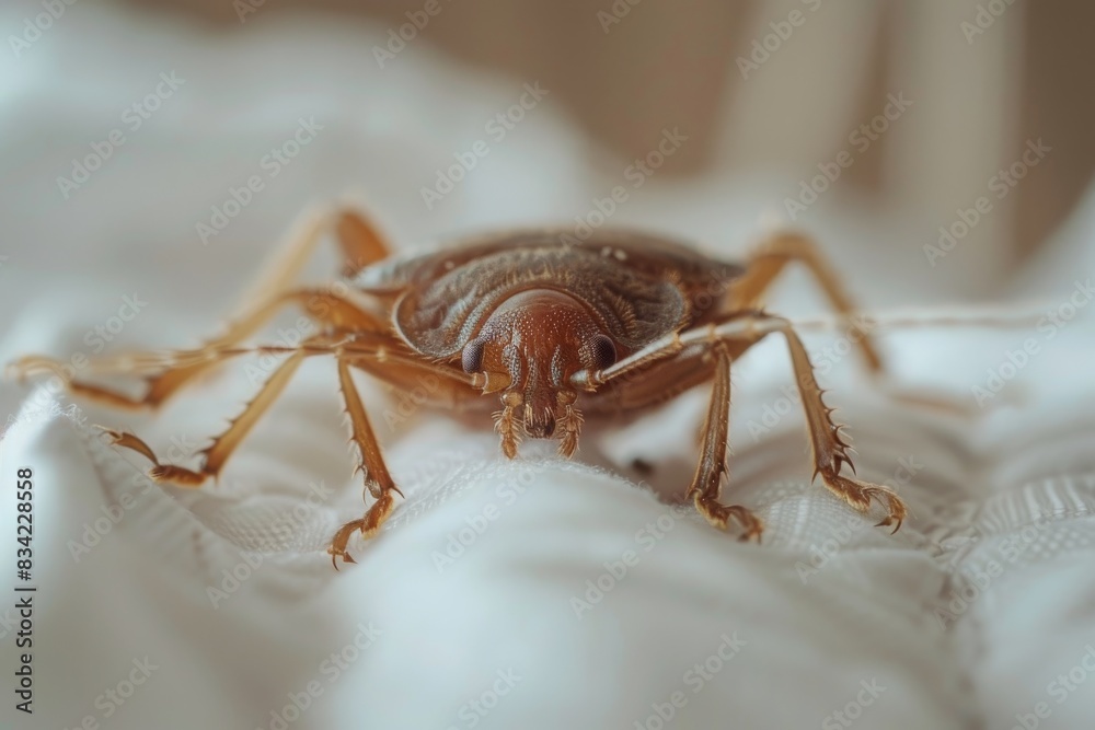 Generative AI, Up Close and Creepy, The Bloodsucking Bed Bug Infestation Unveiled on a White Sheet Generative AI, Up Close and Creepy, The Bloodsucking Bed Bug Infestation Unveiled on a White Sheet