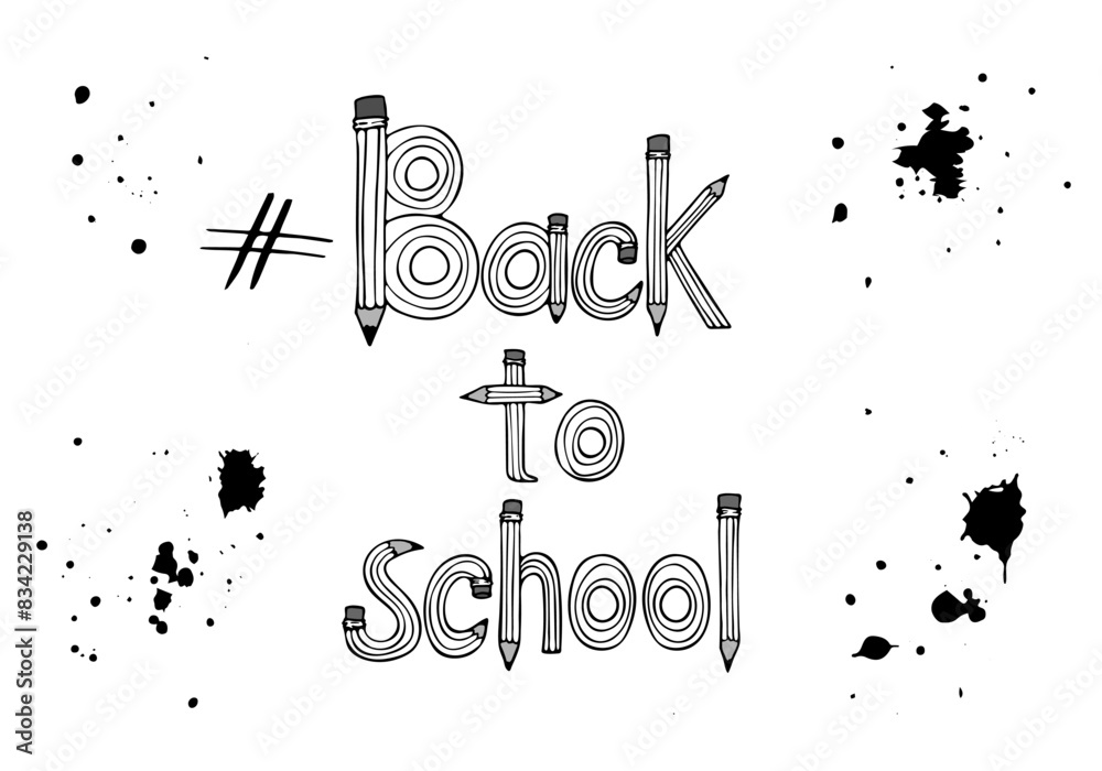 Fototapeta premium Back to school letters design with pencil and ink grunge. Unusual calligraphy lettering. Monochrome vector illustration. Banner for poster, web, cover, ad, greeting, card, social media, promotion.