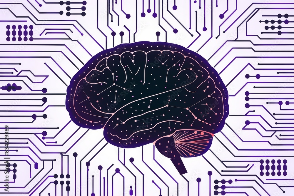 Circuit pattern with brain icon, illustrating the complexity of neural networks and electronic design in modern technology. Circuit pattern with brain icon, illustrating the complexity of neural networks and electronic design in modern technology.