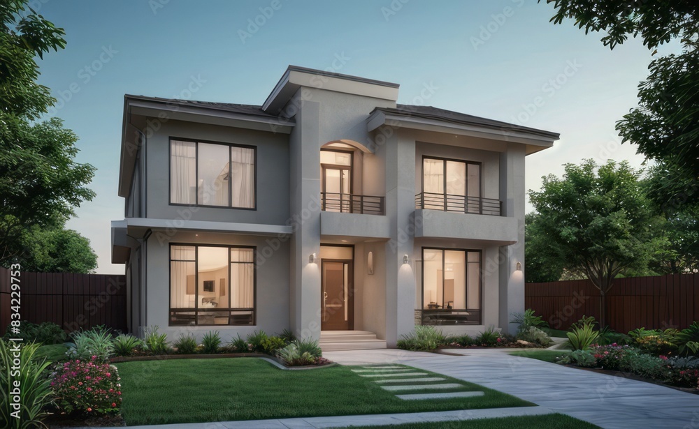 Fototapeta premium A Contemporary Dwelling with Stylish Architecture, Beautiful Exterior Design, and a Serene Garden Setting. Perfect Family Home in a Residential Neighborhood, Featuring Thoughtful Construction