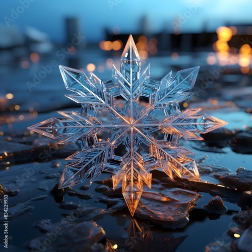 Snowflakes on ice. Winter background. 3d rendering.